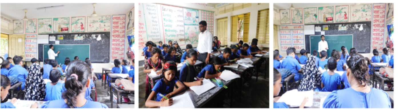Three photographs of Milon teaching classes of schoolchildren in blue uniforms in Bangladesh.