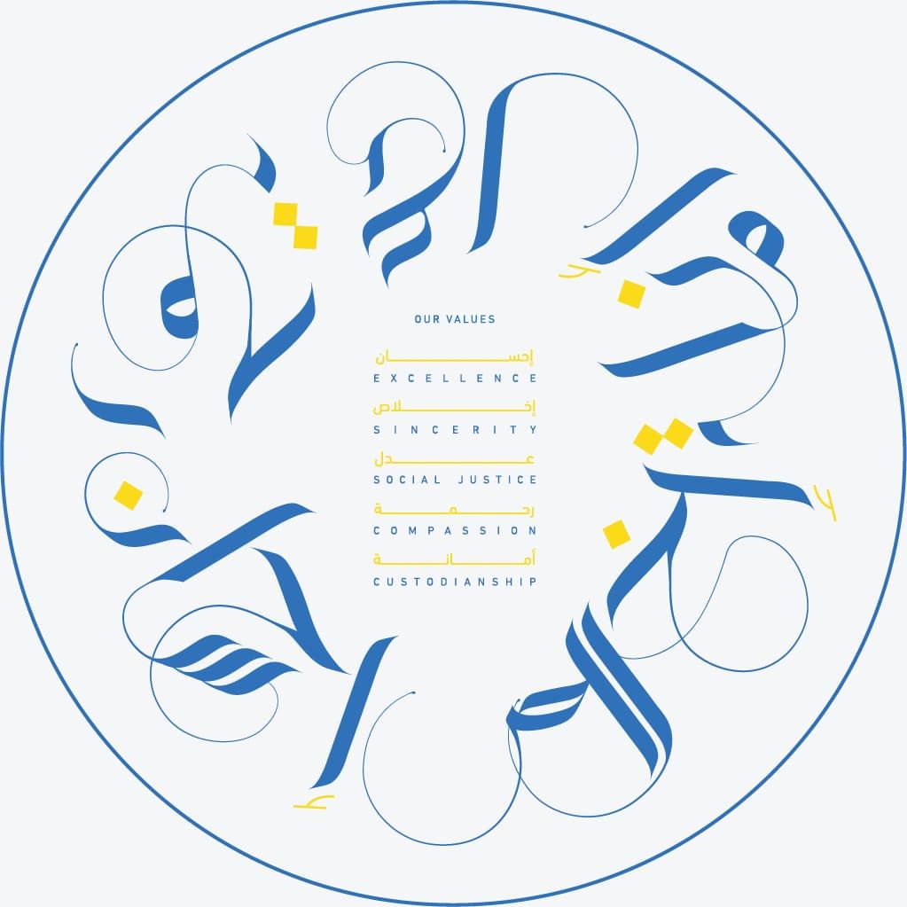 Our values, set in a roundel of Arabic calligraphy: ihsan (excellence), ikhlas (sincerity), adl (social justice), rahma (compassion) and amana (custodianship).